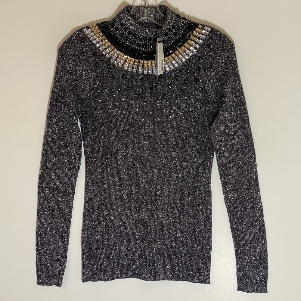 Investments Petites Sweater Womens PM Gray Embeished Mock Neck Boho Casual Cozy